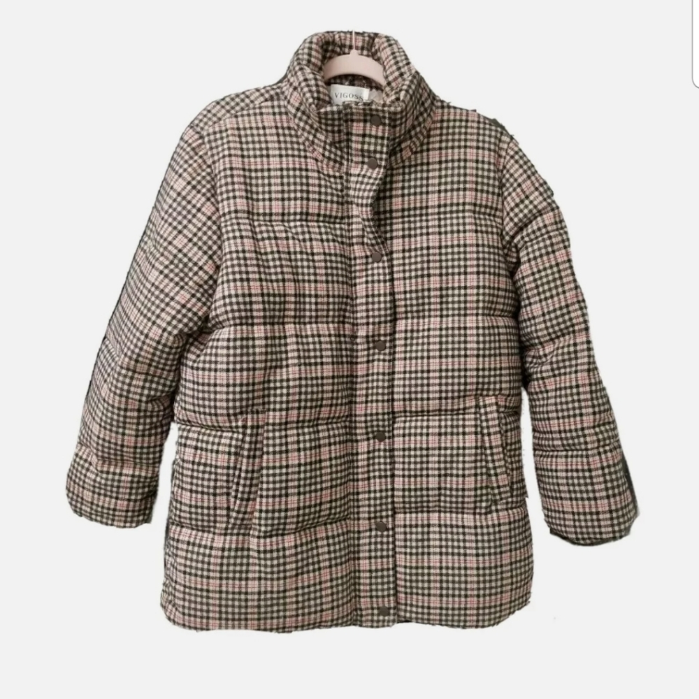NEW Vigoss Plaid Puffer Coat Sz 1X TanTartan Plaid Print Quilted Fabric Jacket